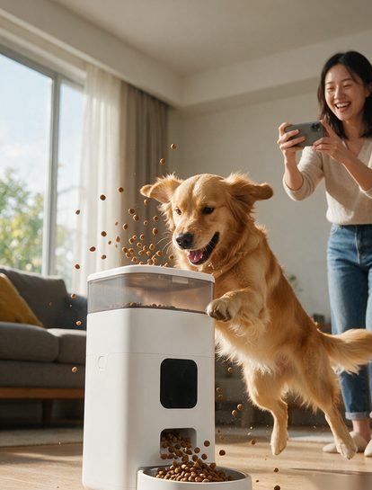 宠物用品案例示意:金毛与自动喂食器的生活感画面