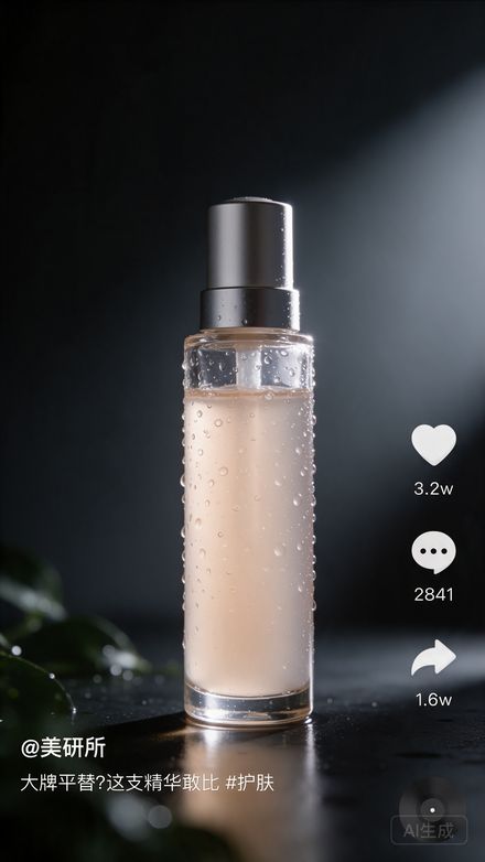 产品 TVC 成片效果示意:护肤精华广告光影竖屏